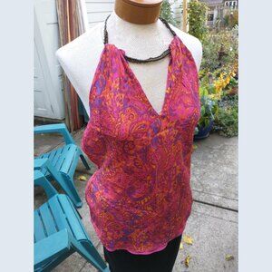 Halter: Silk, multicolored paisley w/necklace. Size large - by Ralph Lauren